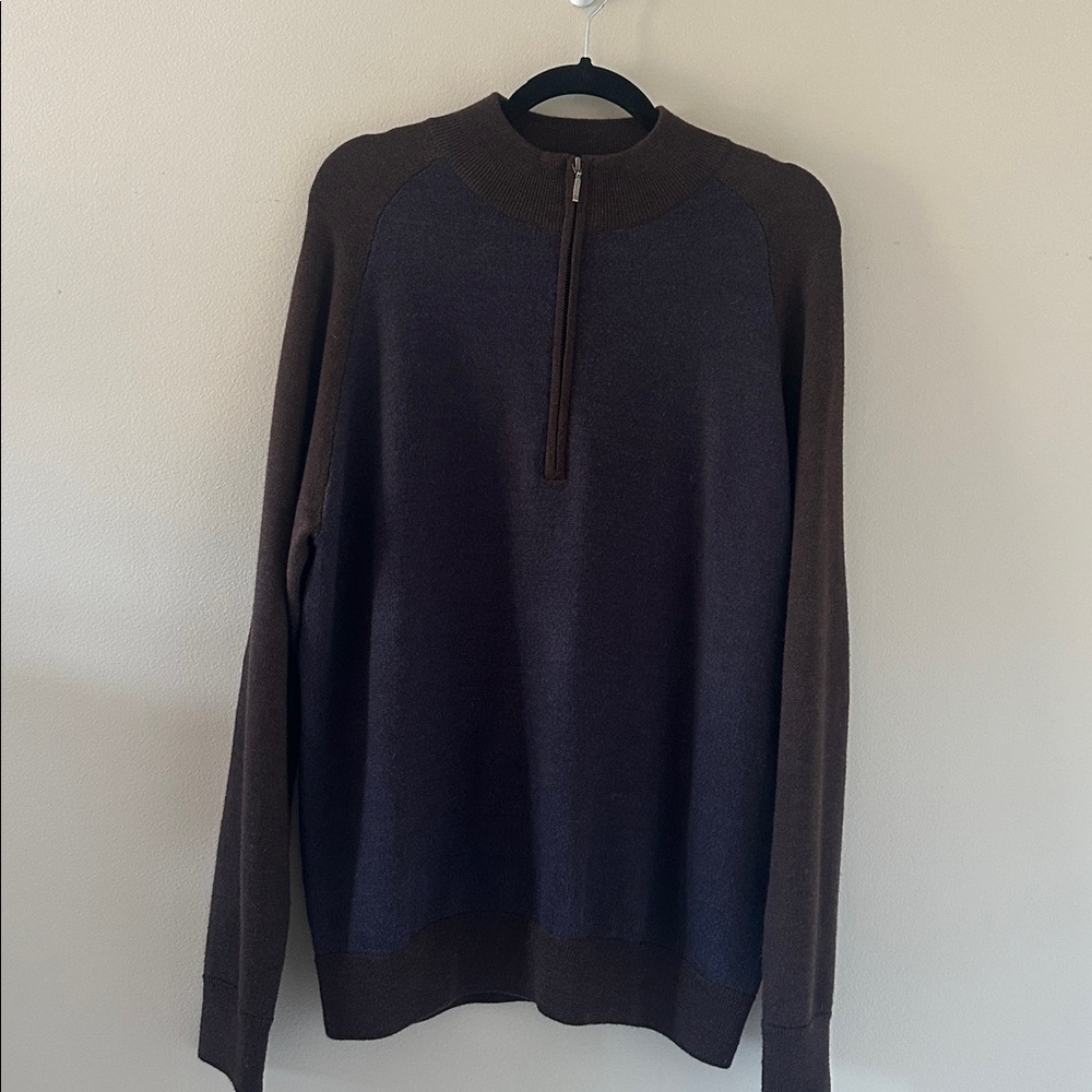 Turtleson Men's Extra Fine Merino 1/4 Zip Sweater Brown & Blue Sz Large